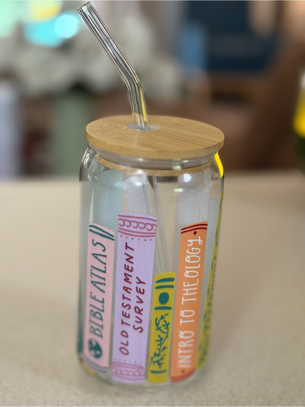 Glass Mason Jar Tumbler with Bamboo Lid & Straw — Book Spine Design